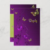 紫とライムのフローラ蝶の返信カード 出欠カード (正面/裏面)