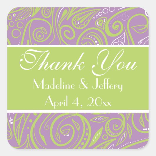 紫とライムのペイズリー結婚のテーマ スクエアシール (正面)