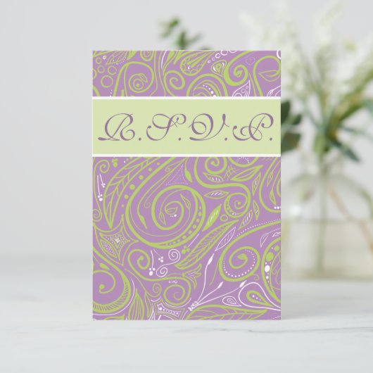 紫とライムのペイズリー結婚のテーマ 招待状 (スタンド正面)