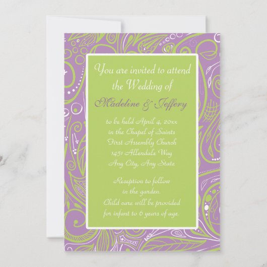 紫とライムのペイズリー結婚のテーマ 招待状 (裏面)