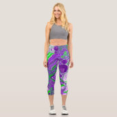 紫とライムグリーン大理石の流体アート カプリレギンス (正面)