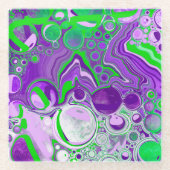 紫とライムグリーン大理石の流体アート ガラスコースター (正面)