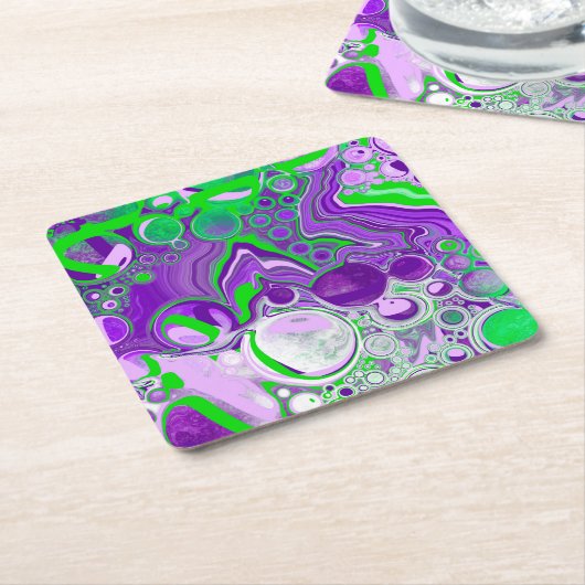 紫とライムグリーン大理石の流体アート スクエアペーパーコースター (アングル)