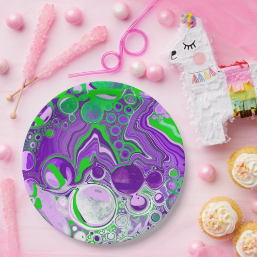 紫とライムグリーン大理石の流体アート ペーパープレート (パーティー)