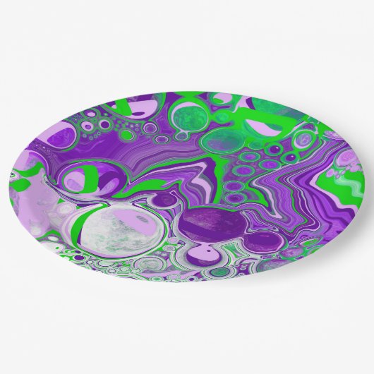 紫とライムグリーン大理石の流体アート ペーパープレート (アングル)