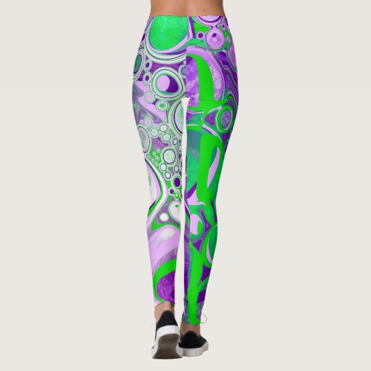 紫とライムグリーン大理石の流体アート レギンス (裏面)