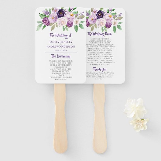 紫とラベンダーウォーターカラーバラ結婚ズ ハンドファン (正面&裏面)