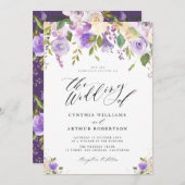 紫と桃の水色の結婚フローラ 招待状 (正面/裏面)