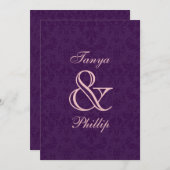 紫と桃色のダマスクの結婚式用メタリック 招待状 (正面/裏面)