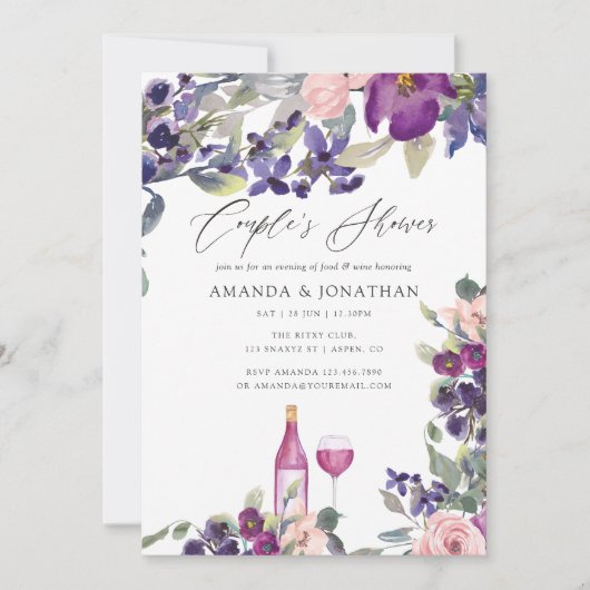 紫と梅のフローラカップルのシャワーワインのテイスティング 招待状 (正面)