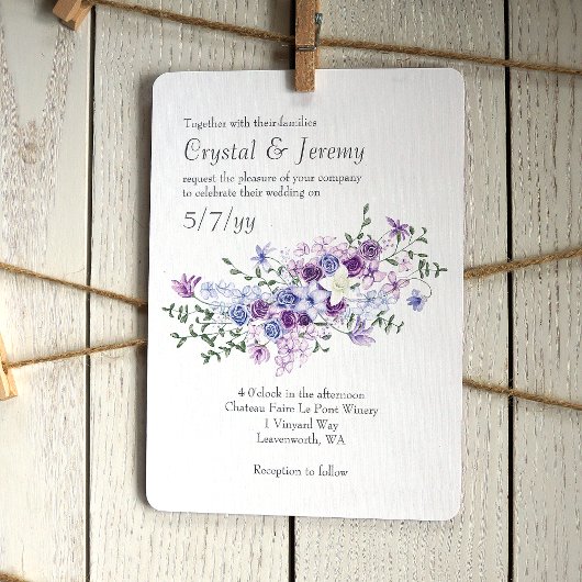 紫と淡い青のローズブーケ結婚ス 招待状