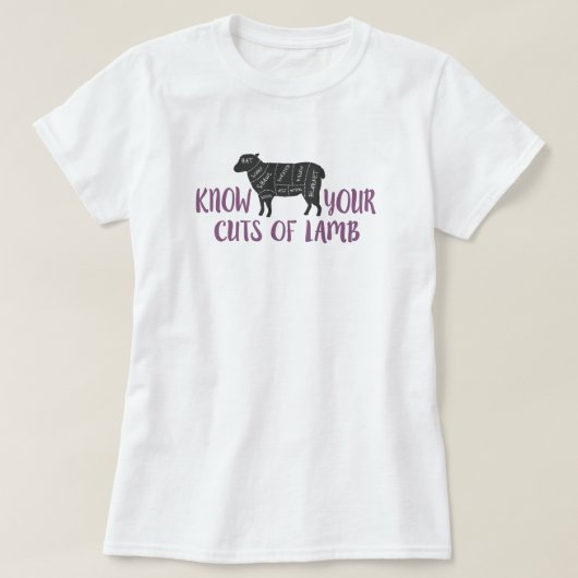 紫と灰色が子羊の切り身を知る Tシャツ (デザイン正面)