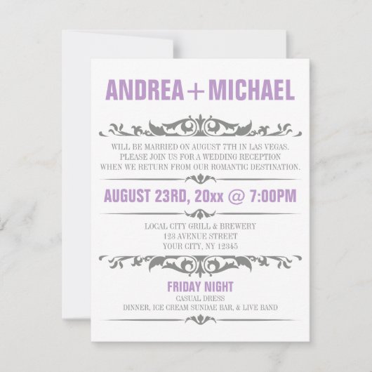 紫と灰色のウェディングレセプションのみ招待状 招待状 (正面)