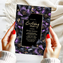 紫と灰色のフローラ任意の年齢の誕生日パーティー 招待状