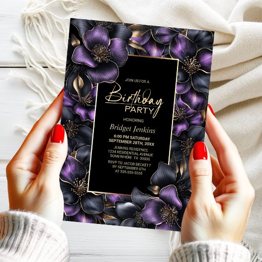 紫と灰色のフローラ任意の年齢の誕生日パーティー 招待状