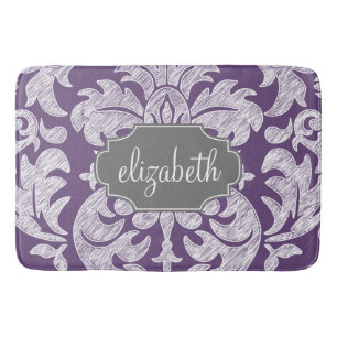 紫と灰色のヴィンテージダマスクパターンモノグラム バスマット