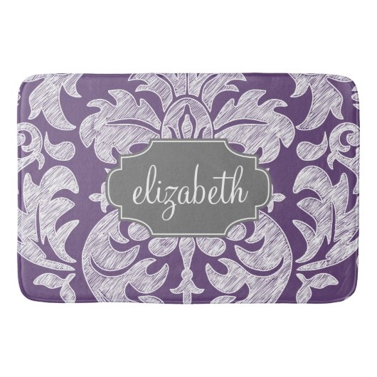 紫と灰色のヴィンテージダマスクパターンモノグラム バスマット (正面)