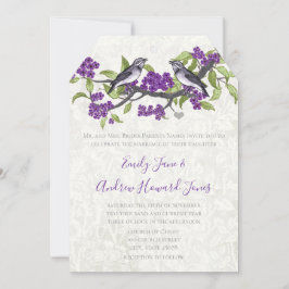 紫と灰色のヴィンテージ愛の鳥の結婚式の招待 招待状