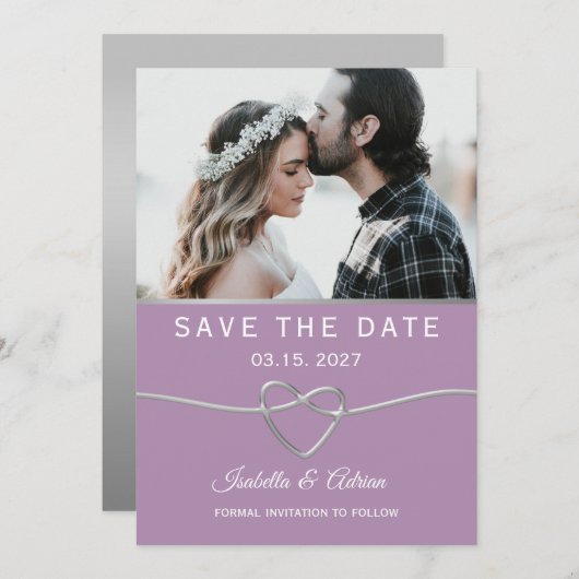 紫と灰色の写真結婚の セーブザデート (正面/裏面)