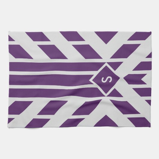 紫と灰色の幾何学的キッチンタオル、モノグラム キッチンタオル (横)
