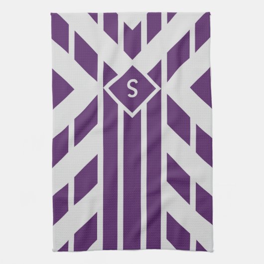 紫と灰色の幾何学的キッチンタオル、モノグラム キッチンタオル (縦)