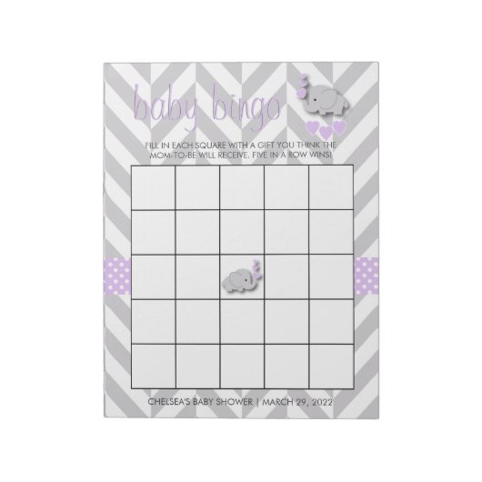 紫と灰色の象の赤ちゃんシャワービンゴゲーム ノートパッド (回転)