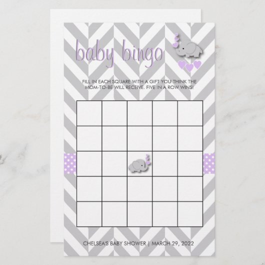 紫と灰色の象の赤ちゃんシャワービンゴ 便箋 (正面/裏面)