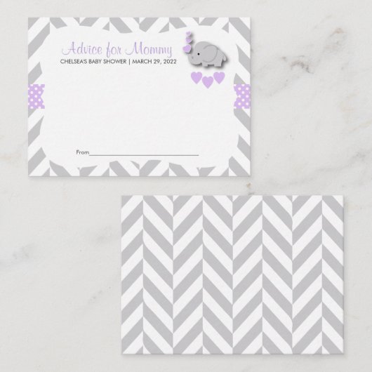 紫と灰色の象の赤ちゃんシャワーSM -アドバイス アドバイスカード (正面/裏面)