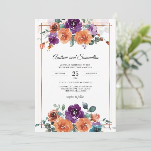 紫と焦げ結婚オレンジ色 招待状 (スタンド正面)