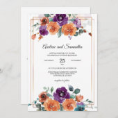 紫と焦げ結婚オレンジ色 招待状 (正面/裏面)