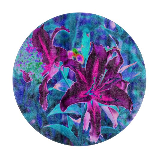 紫と熱いピンクの抽象芸術オリエンタルユリの花 カッティングボード (正面)