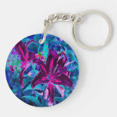 紫と熱いピンクの抽象芸術オリエンタルユリの花 キーホルダー (裏面)