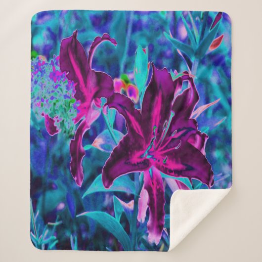 紫と熱いピンクの抽象芸術オリエンタルユリの花 シェルパブランケット (正面)