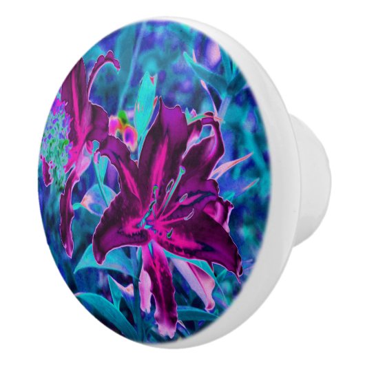 紫と熱いピンクの抽象芸術オリエンタルユリの花 セラミックノブ (右)