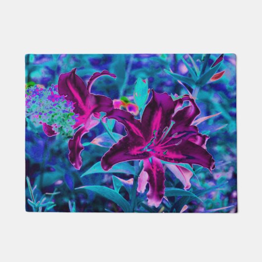 紫と熱いピンクの抽象芸術オリエンタルユリの花 ドアマット (正面)
