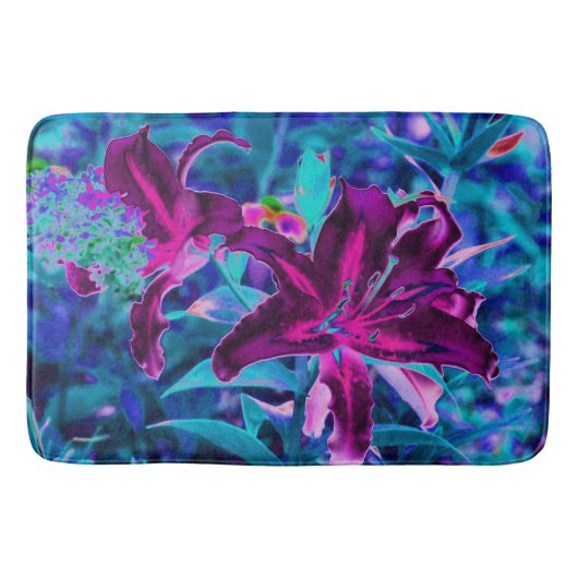 紫と熱いピンクの抽象芸術オリエンタルユリの花 バスマット (正面)
