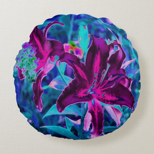 紫と熱いピンクの抽象芸術オリエンタルユリの花 ラウンドクッション (正面)