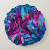 紫と熱いピンクの抽象芸術オリエンタルユリの花 ラウンドクッション (裏面)
