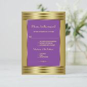 紫と王室の金ゴールドの結婚式RSVP 出欠カード (スタンド正面)