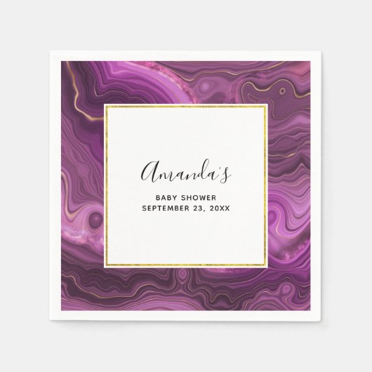 紫と王室の金ゴールド瑪瑙抽象芸術赤ちゃんシャワー スタンダードカクテルナプキン (正面)