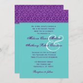 紫と王水のヴィンテージダマスク結婚モノグラム 招待状 (正面/裏面)