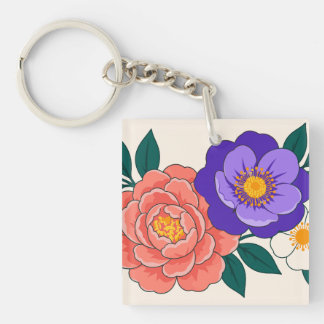 紫と珊瑚の花の花束 キーホルダー