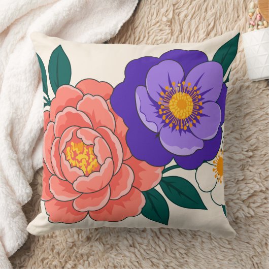 紫と珊瑚の花の花束 クッション (ブランケット)