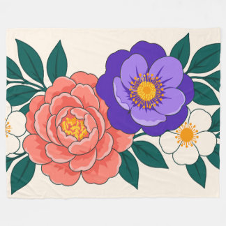紫と珊瑚の花の花束 フリースブランケット
