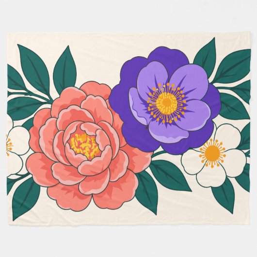 紫と珊瑚の花の花束 フリースブランケット (正面(横))