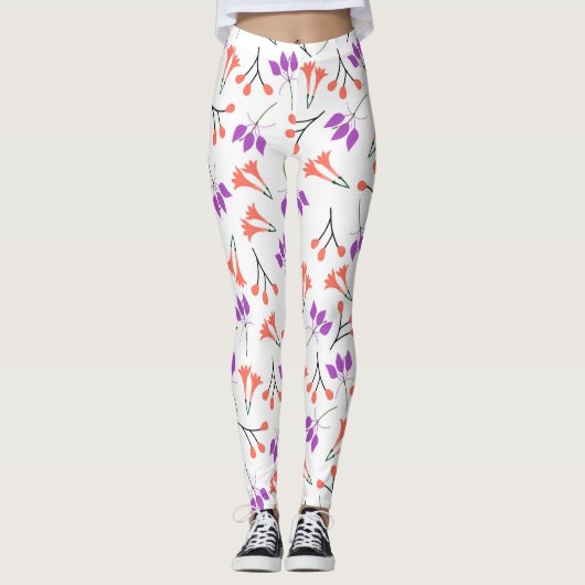 紫と珊瑚の花を持つフローラの枝 レギンス (正面)