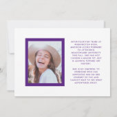 紫と白のおめでとう大学院写真卒業 案内状 (裏面)