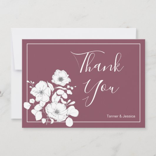紫と白のかわいらしフローラカスタムウェディング サンキューカード (正面)