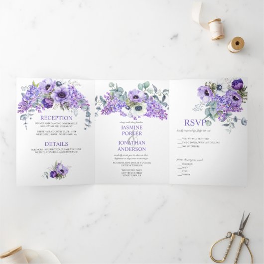 紫と白のアネモネス、紫のライラックフローラ 三つ折り招待状 (内部)