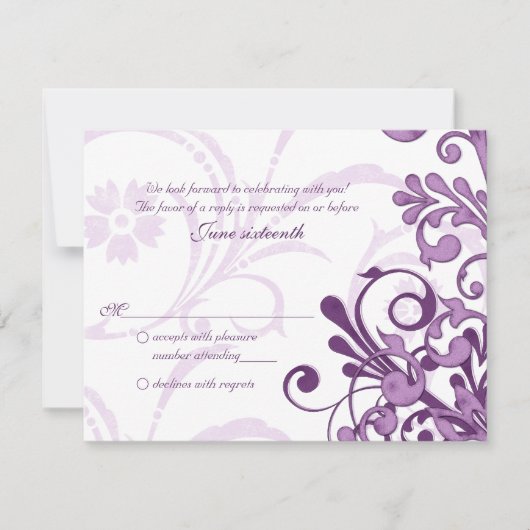 紫と白のアブストラクトフラワーリプライカード 出欠カード (正面)
